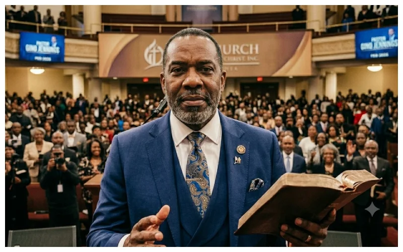 Gino Jennings standing in front of a packed congregation at the First Church of Our Lord Jesus Christ Inc holding a Bible in a blue suit