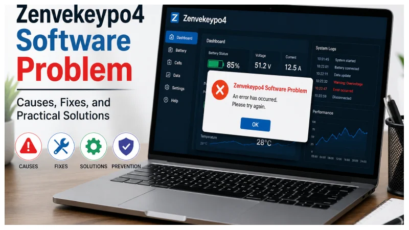 Zenvekeypo4 Software Problem showing common causes, fixes, troubleshooting steps, and practical solutions on a laptop screen.