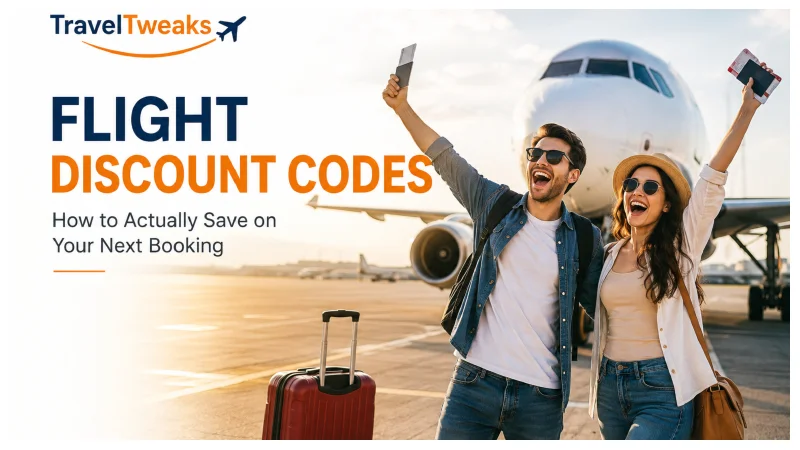 TravelTweaks flight discount codes with travelers standing near an airplane